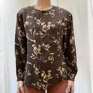 Brown And Tan Silk Floral Button Down Blouse Vintage 90s Jones New York Size S/M